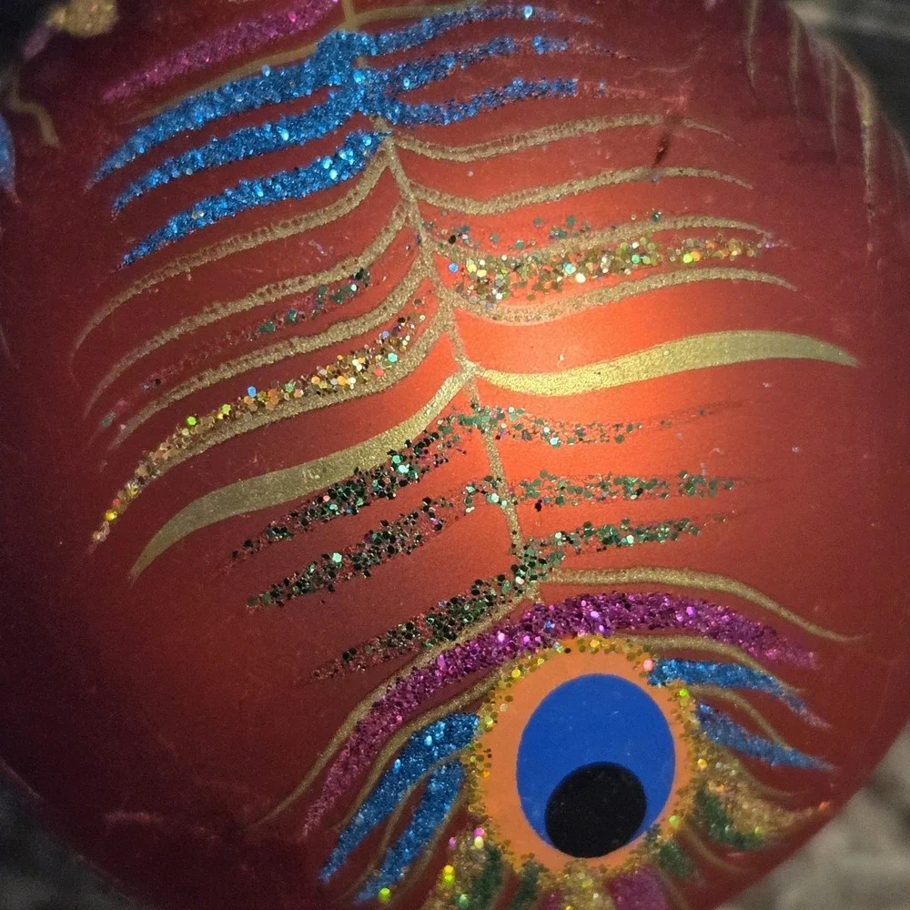 Peacock Feather Glass Ball Christmas Tree Ornament Red Glitter 3
